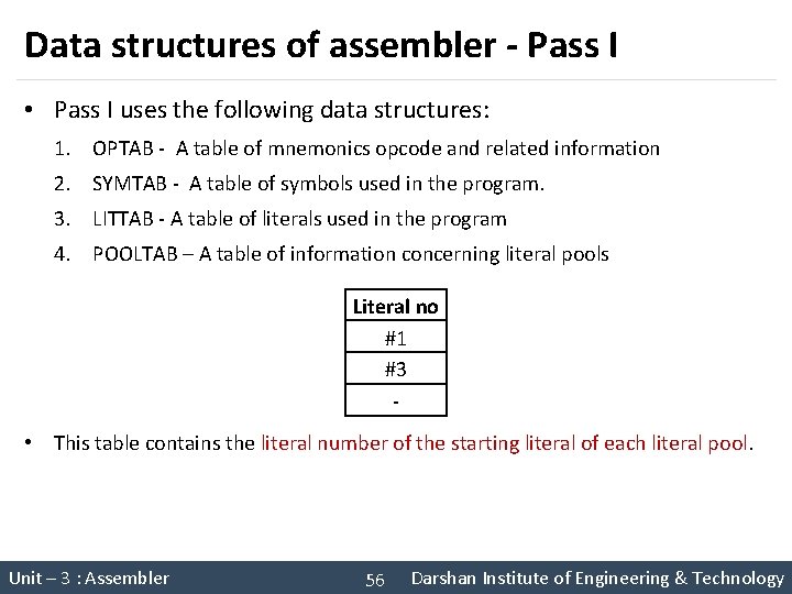 Data structures of assembler - Pass I • Pass I uses the following data Data structures of assembler - Pass I • Pass I uses the following data