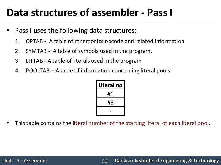 Data structures of assembler - Pass I • Pass I uses the following data