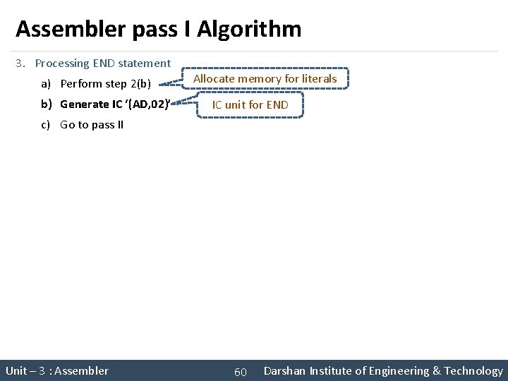 Assembler pass I Algorithm 3. Processing END statement a) Perform step 2(b) b) Generate Assembler pass I Algorithm 3. Processing END statement a) Perform step 2(b) b) Generate