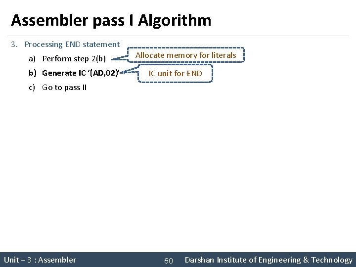 Assembler pass I Algorithm 3. Processing END statement a) Perform step 2(b) b) Generate