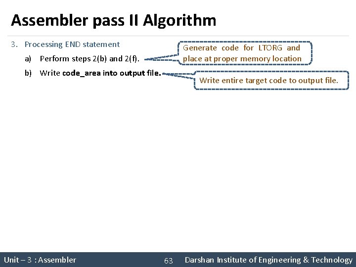 Assembler pass II Algorithm 3. Processing END statement Generate code for LTORG and place