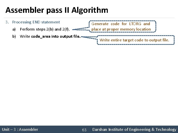 Assembler pass II Algorithm 3. Processing END statement Generate code for LTORG and place Assembler pass II Algorithm 3. Processing END statement Generate code for LTORG and place