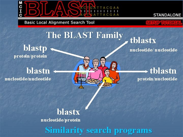 The BLAST Family tblastx blastp nucleotide/ nucleotide protein/protein blastn tblastn nucleotide/nucleotide protein/nucleotide blastx nucleotide/protein