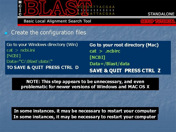 n Create the configuration files Go to your Windows directory (Win) cat > ncbi.