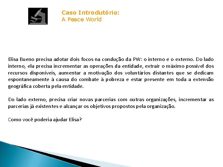 Caso Introdutório: A Peace World Elisa Bueno precisa adotar dois focos na condução da