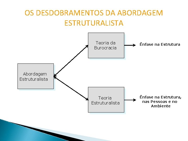 OS DESDOBRAMENTOS DA ABORDAGEM ESTRUTURALISTA Teoria da Burocracia Ênfase na Estrutura Teoria Estruturalista Ênfase