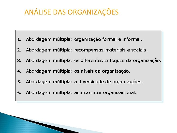 ANÁLISE DAS ORGANIZAÇÕES 1. Abordagem múltipla: organização formal e informal. 2. Abordagem múltipla: recompensas