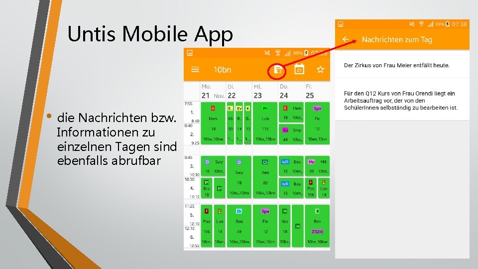 Untis Mobile App • die Nachrichten bzw. Informationen zu einzelnen Tagen sind ebenfalls abrufbar