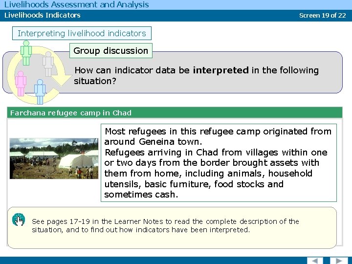 Livelihoods Assessment and Analysis Livelihoods Indicators Screen 19 of 22 Interpreting livelihood indicators Group