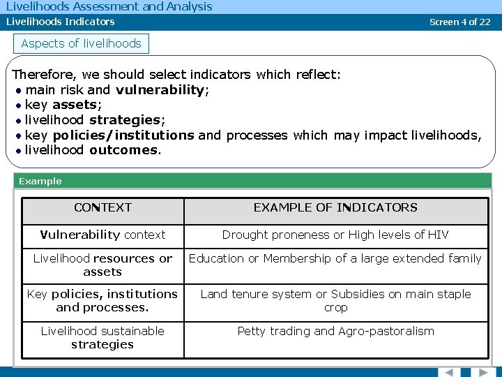 Livelihoods Assessment and Analysis Livelihoods Indicators Screen 4 of 22 Aspects of livelihoods Therefore,