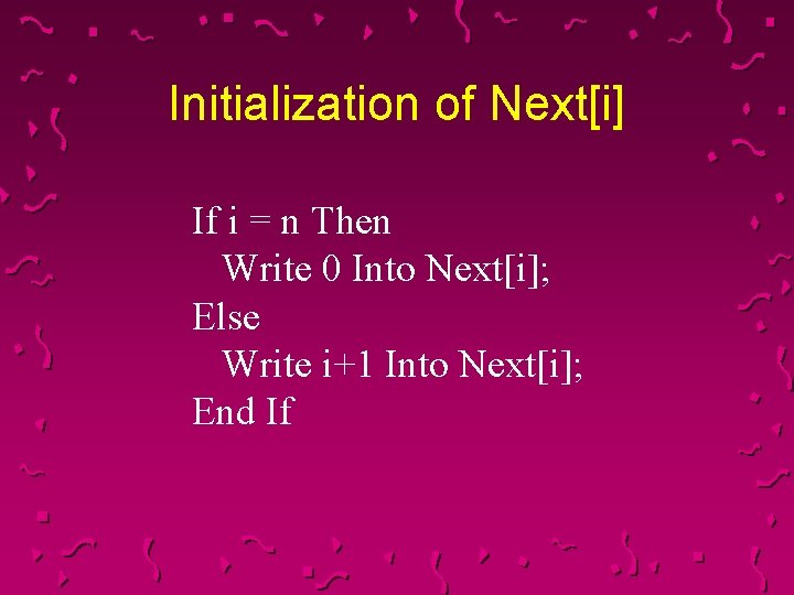 Initialization of Next[i] If i = n Then Write 0 Into Next[i]; Else Write