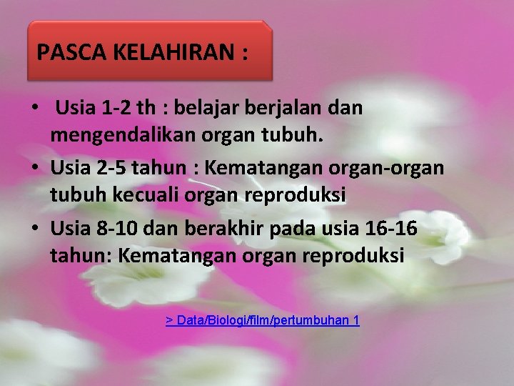 PASCA KELAHIRAN : • Usia 1 -2 th : belajar berjalan dan mengendalikan organ