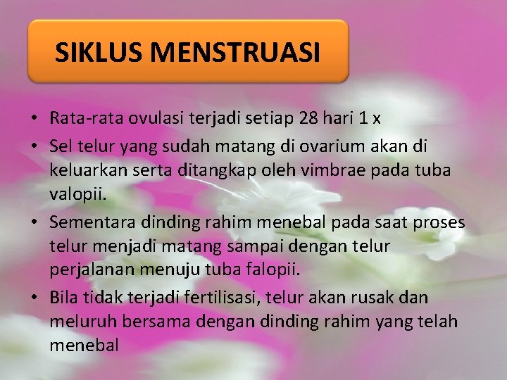 SIKLUS MENSTRUASI • Rata-rata ovulasi terjadi setiap 28 hari 1 x • Sel telur