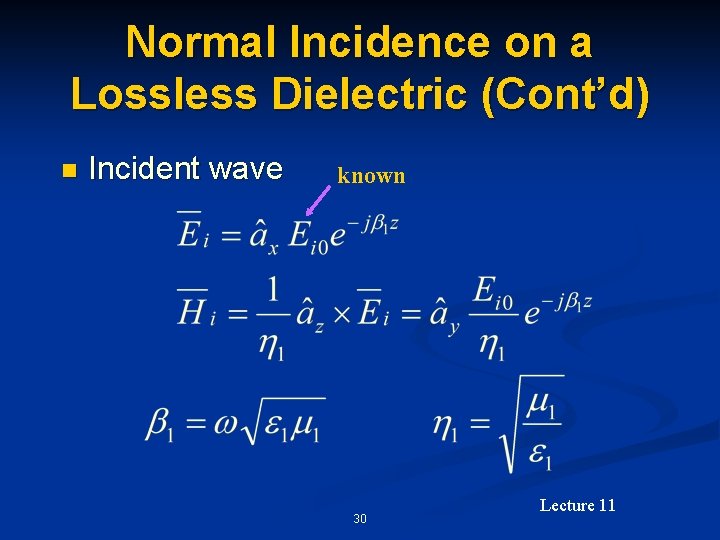 Normal Incidence on a Lossless Dielectric (Cont’d) n Incident wave known 30 Lecture 11