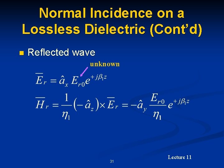 Normal Incidence on a Lossless Dielectric (Cont’d) n Reflected wave unknown 31 Lecture 11