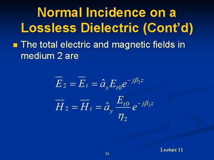 Normal Incidence on a Lossless Dielectric (Cont’d) n The total electric and magnetic fields