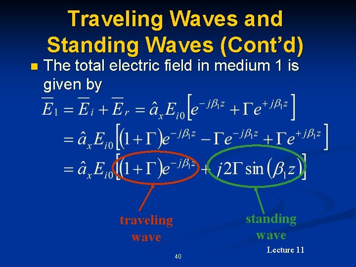 Traveling Waves and Standing Waves (Cont’d) n The total electric field in medium 1