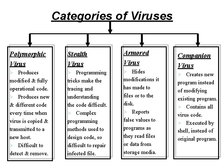 Categories of Viruses Polymorphic Virus Stealth Virus Armored Virus Produces modified & fully operational