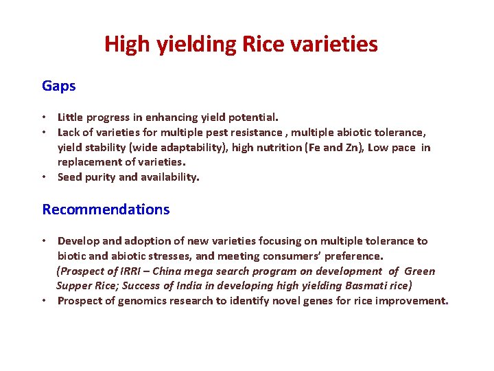 High yielding Rice varieties Gaps • Little progress in enhancing yield potential. • Lack