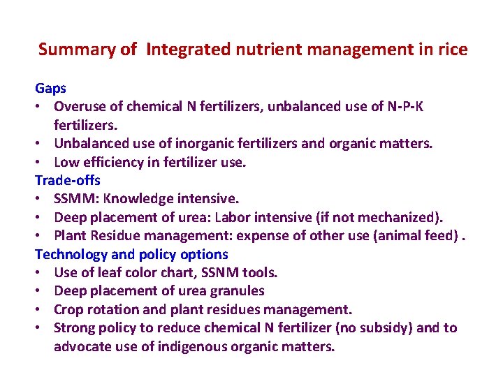 Summary of Integrated nutrient management in rice Gaps • Overuse of chemical N fertilizers,