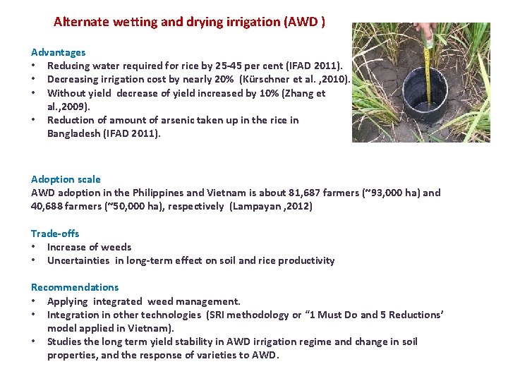 Alternate wetting and drying irrigation (AWD ) Advantages • Reducing water required for rice