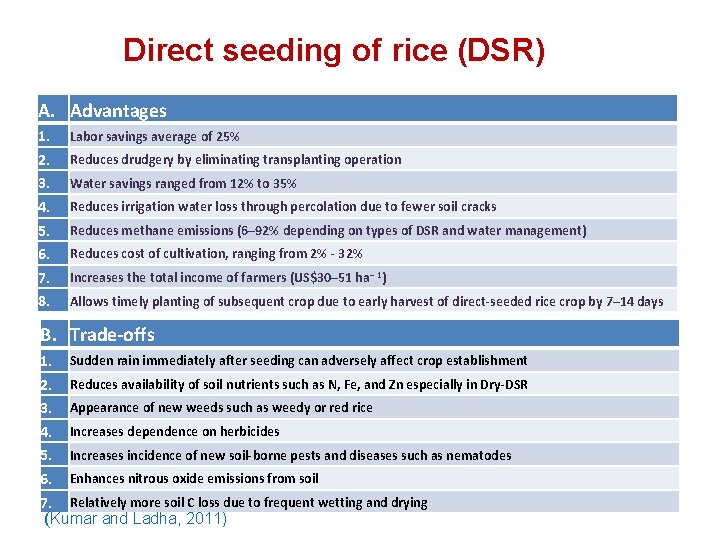 Direct seeding of rice (DSR) A. Advantages 1. 2. 3. 4. 5. 6. 7.
