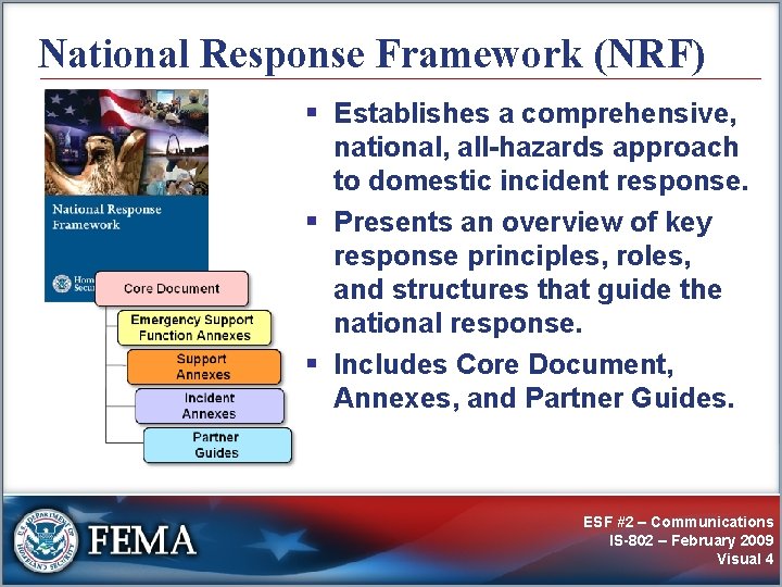 National Response Framework (NRF) § Establishes a comprehensive, national, all-hazards approach to domestic incident