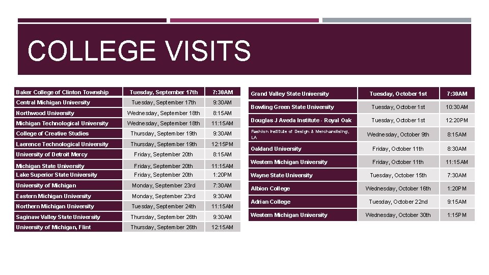 COLLEGE VISITS Baker College of Clinton Township Tuesday, September 17 th 7: 30 AM