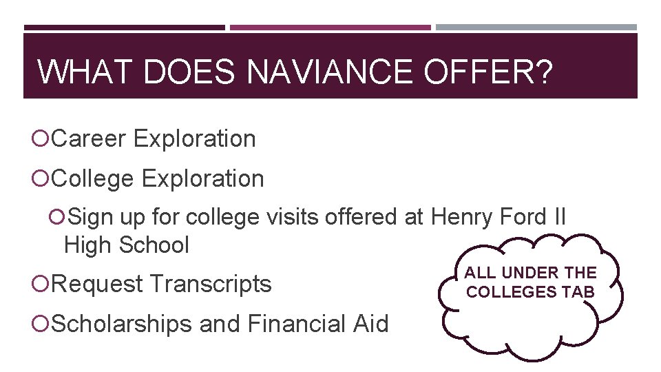 WHAT DOES NAVIANCE OFFER? Career Exploration College Exploration Sign up for college visits offered