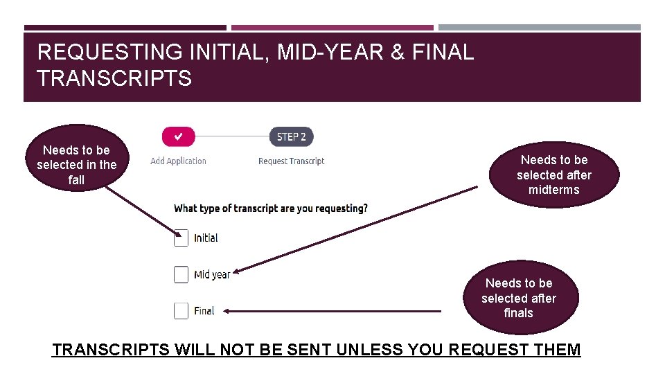 REQUESTING INITIAL, MID-YEAR & FINAL TRANSCRIPTS Needs to be selected in the fall Needs