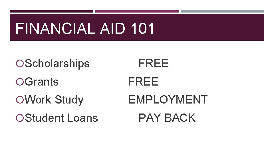 FINANCIAL AID 101 Scholarships FREE Grants FREE Work Study EMPLOYMENT Student Loans PAY BACK