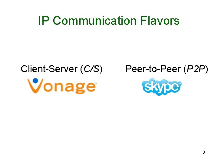 IP Communication Flavors Client-Server (C/S) Peer-to-Peer (P 2 P) 8 