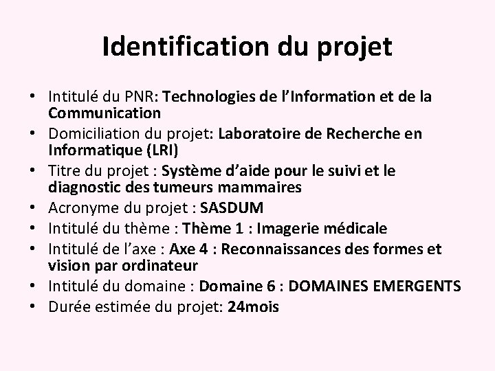 Identification du projet • Intitulé du PNR: Technologies de l’Information et de la Communication