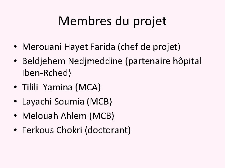 Membres du projet • Merouani Hayet Farida (chef de projet) • Beldjehem Nedjmeddine (partenaire