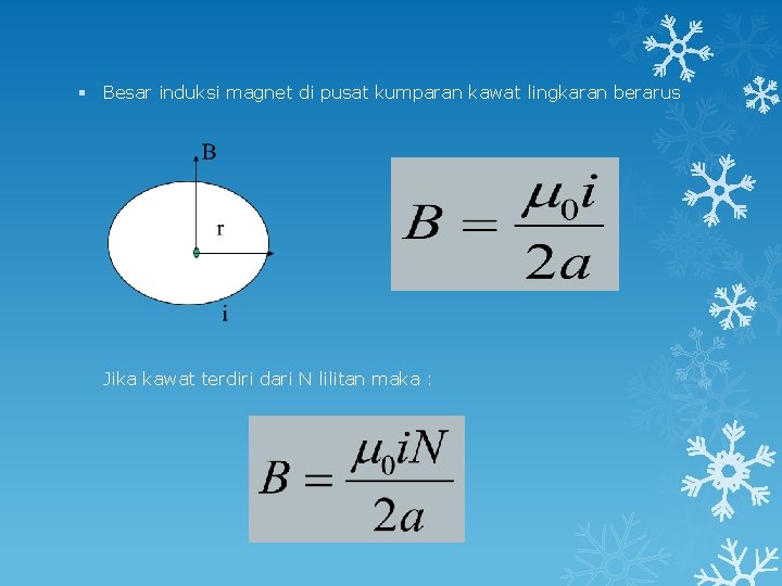 § Besar induksi magnet di pusat kumparan kawat lingkaran berarus Jika kawat terdiri dari