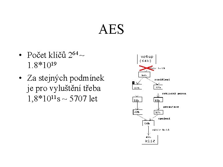 AES • Počet klíčů 264 ~ 1. 8*1019 • Za stejných podmínek je pro