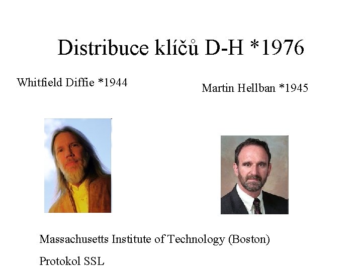 Distribuce klíčů D-H *1976 Whitfield Diffie *1944 Martin Hellban *1945 Massachusetts Institute of Technology