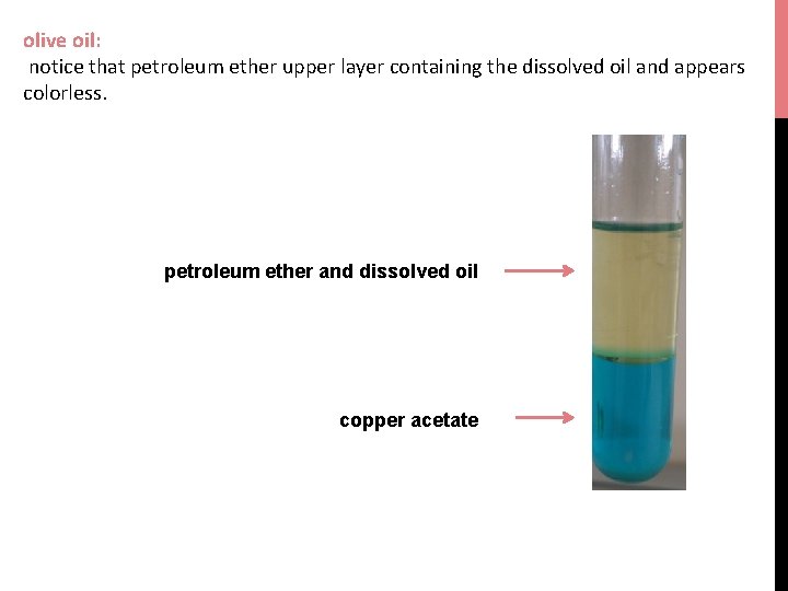 olive oil: notice that petroleum ether upper layer containing the dissolved oil and appears