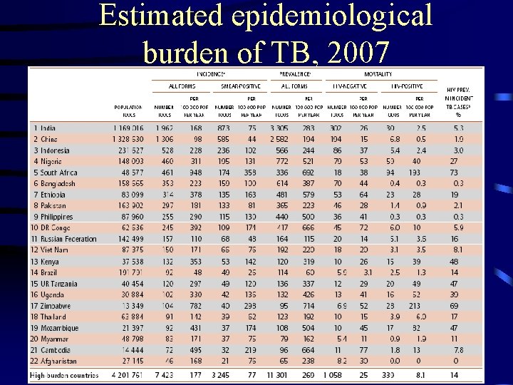 Estimated epidemiological burden of TB, 2007 