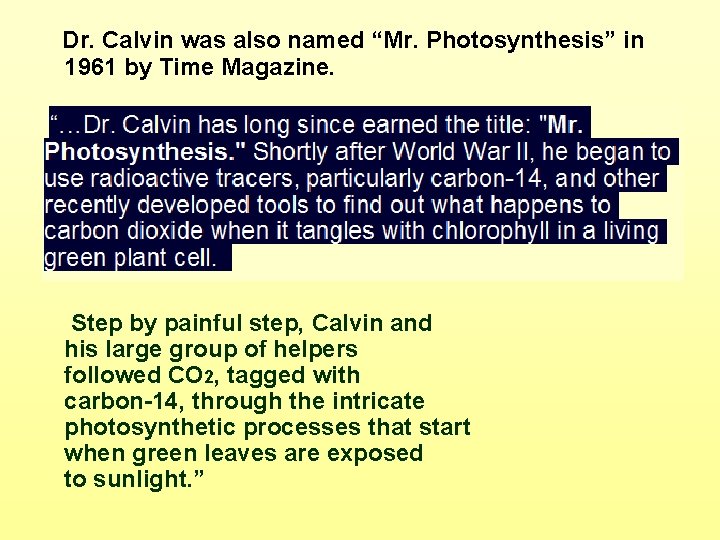 Dr. Calvin was also named “Mr. Photosynthesis” in 1961 by Time Magazine. “…Dr. Calvin