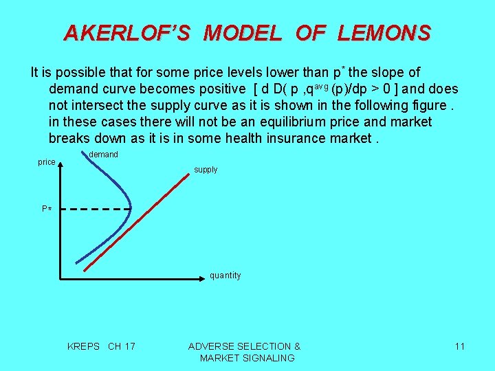 AKERLOF’S MODEL OF LEMONS It is possible that for some price levels lower than