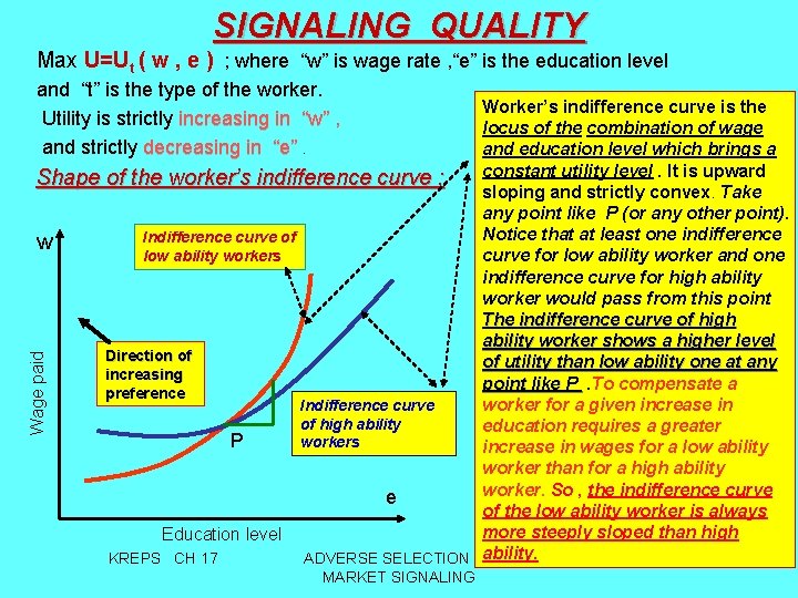 SIGNALING QUALITY Max U=Ut ( w , e ) ; where “w” is wage
