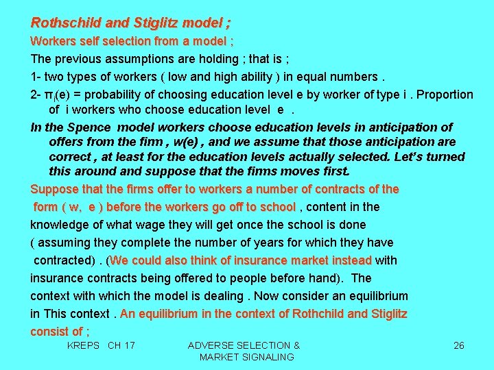Rothschild and Stiglitz model ; Workers self selection from a model ; The previous