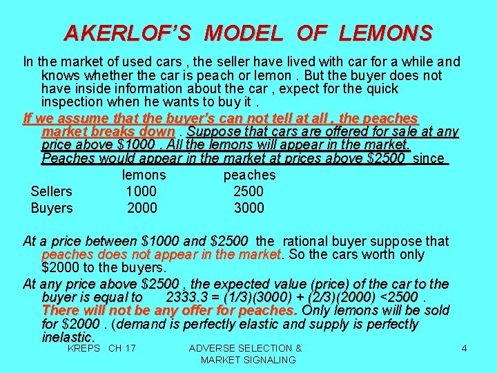 AKERLOF’S MODEL OF LEMONS In the market of used cars , the seller have