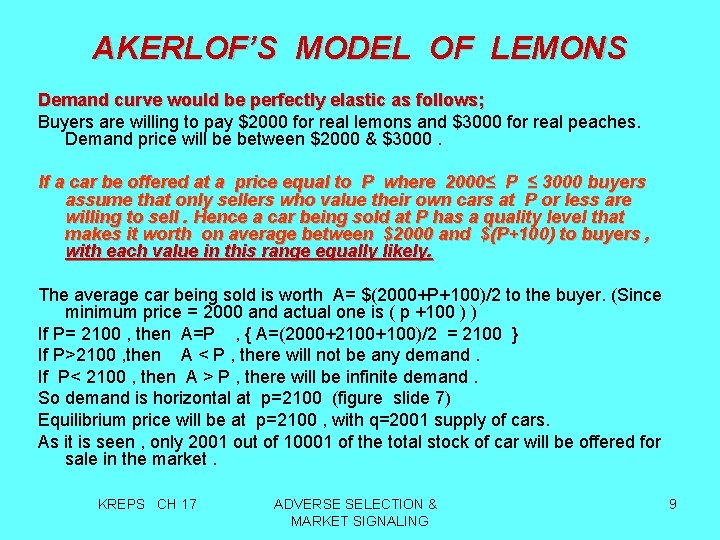 AKERLOF’S MODEL OF LEMONS Demand curve would be perfectly elastic as follows; Buyers are
