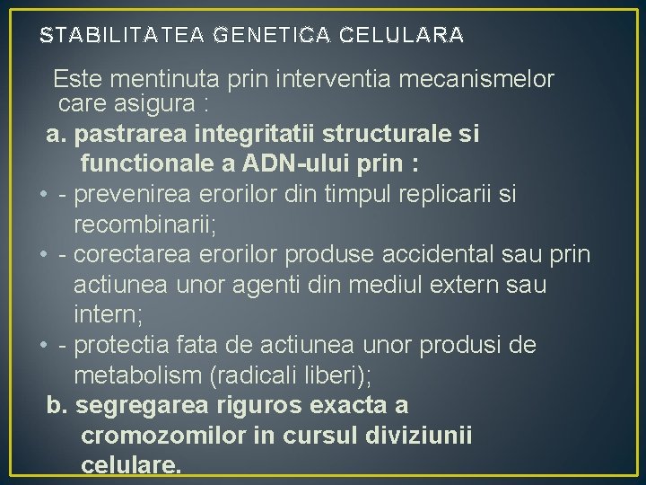 STABILITATEA GENETICA CELULARA Este mentinuta prin interventia mecanismelor care asigura : a. pastrarea integritatii