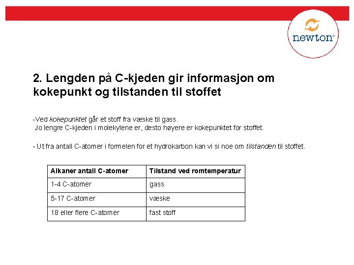 2. Lengden på C-kjeden gir informasjon om kokepunkt og tilstanden til stoffet -Ved kokepunktet