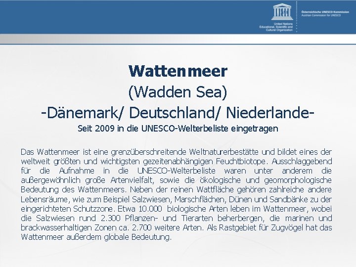 Wattenmeer (Wadden Sea) -Dänemark/ Deutschland/ Niederlande. Seit 2009 in die UNESCO-Welterbeliste eingetragen Das Wattenmeer