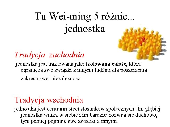 Tu Wei-ming 5 różnic. . . jednostka Tradycja zachodnia jednostka jest traktowana jako izolowana