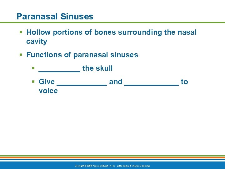 Paranasal Sinuses § Hollow portions of bones surrounding the nasal cavity § Functions of